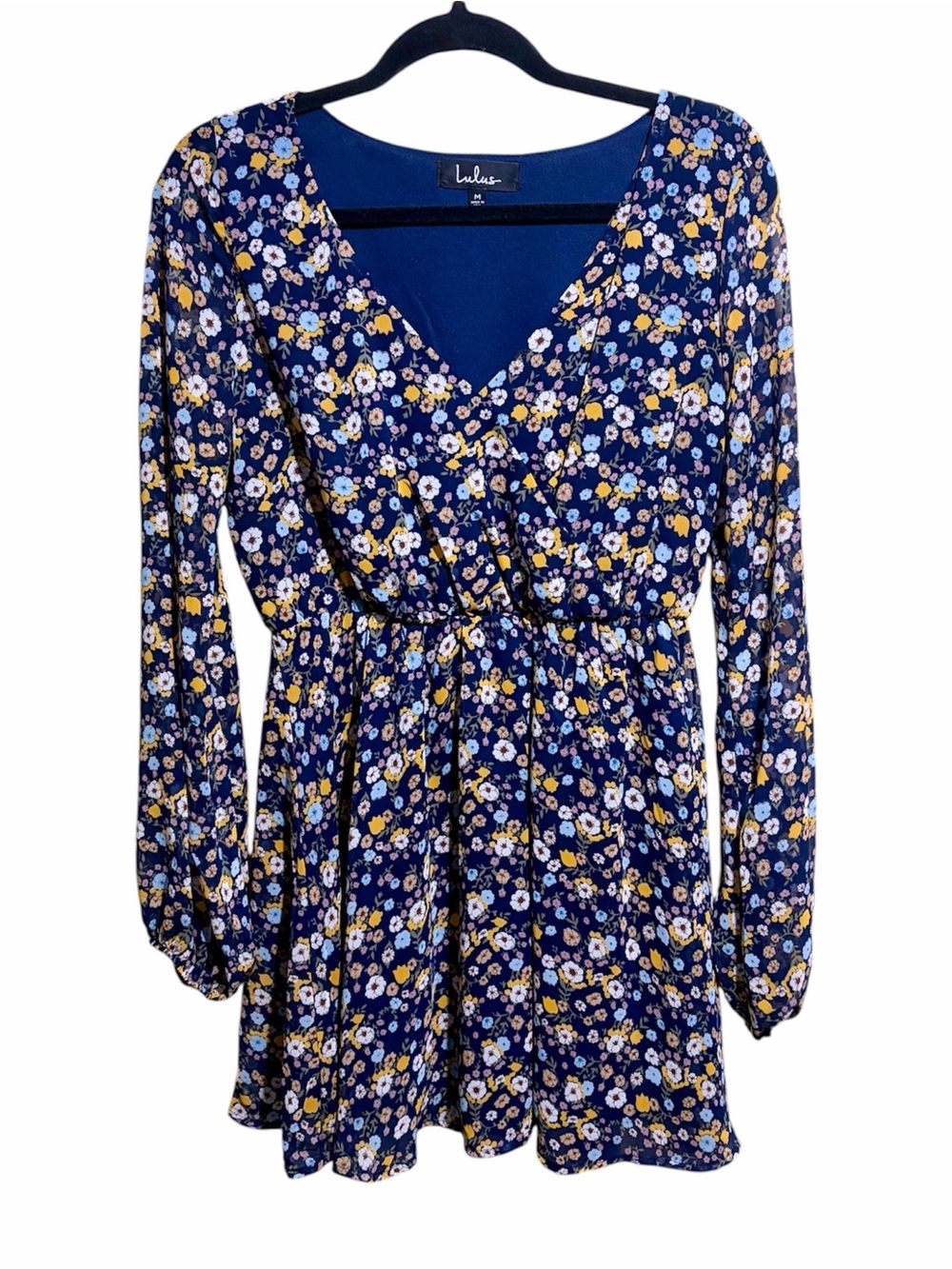 Lulus Navy Floral V-Neck Long Sleeve Mini Dress Size Medium EUC